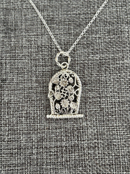 Sterling Silver Flower Basket Pendant Necklace • Floral Design • 20-inch Rolo Chain