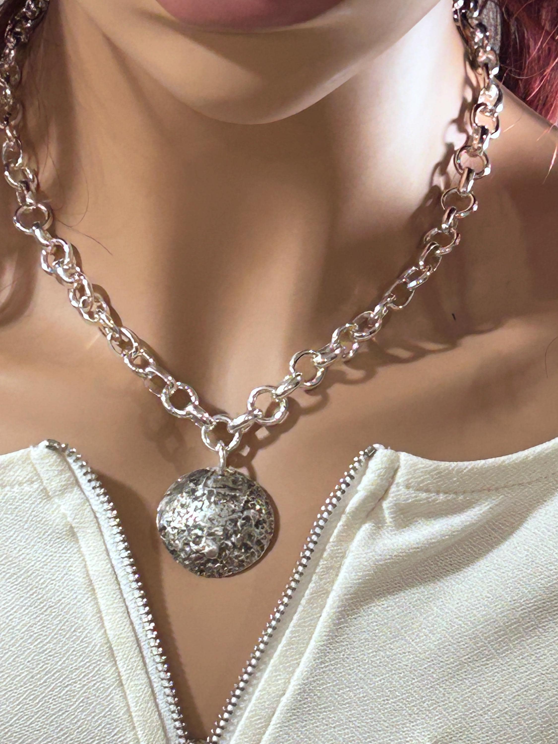 Handmade 925 Sterling Silver Moon Necklace with Oxidized Textured Pendant - Lunar Crater Design