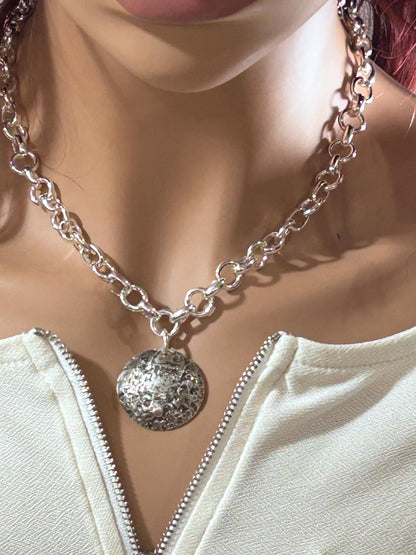 Handmade 925 Sterling Silver Moon Necklace with Oxidized Textured Pendant - Lunar Crater Design