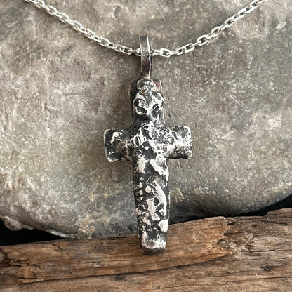 Fine Silver Cross Pendant | Rustic Oxidized Artisan Necklace, 5mm Thick