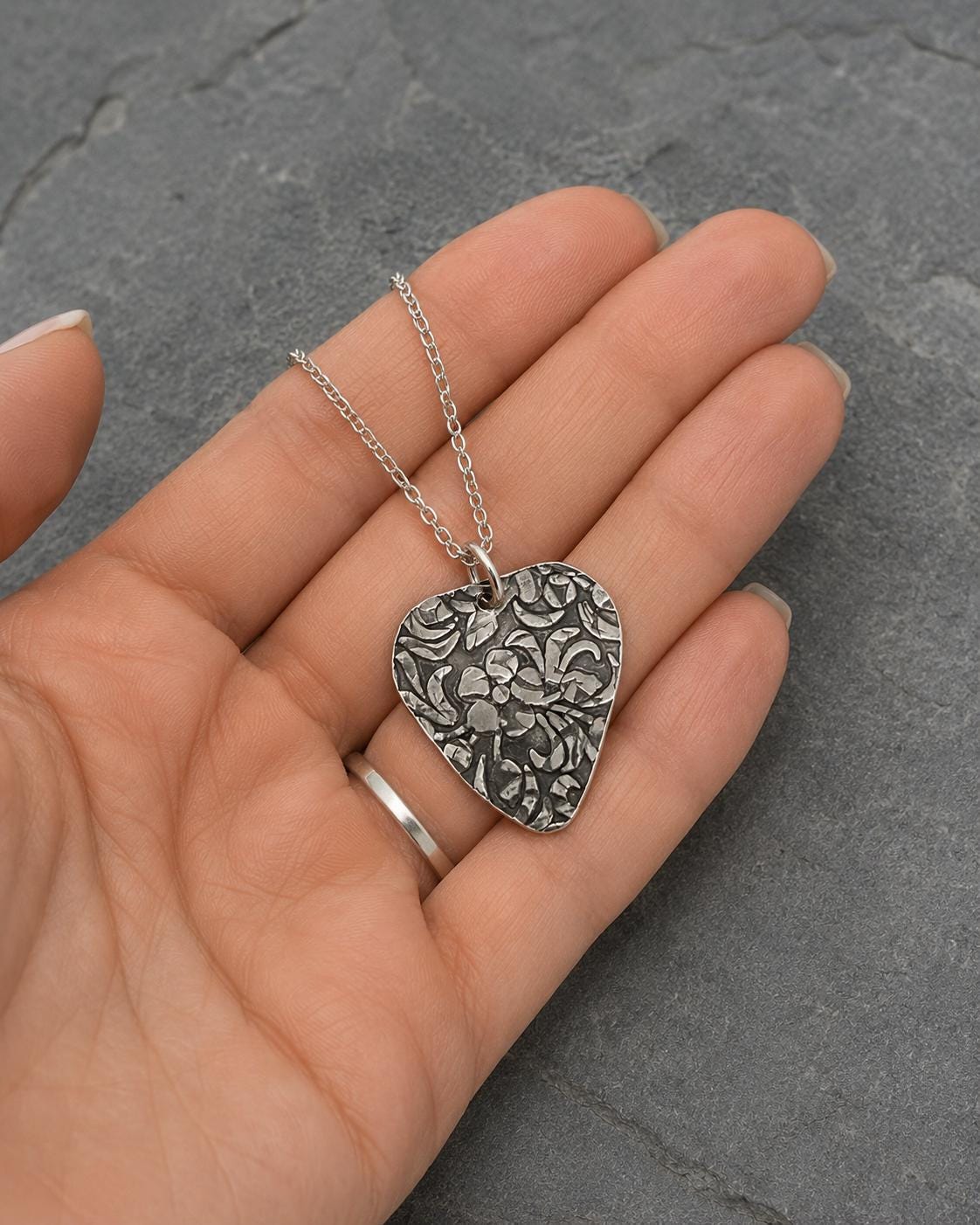 Sterling Silver Guitar Pick Pendant – Floral Engraved, Oxidized Music Jewelry