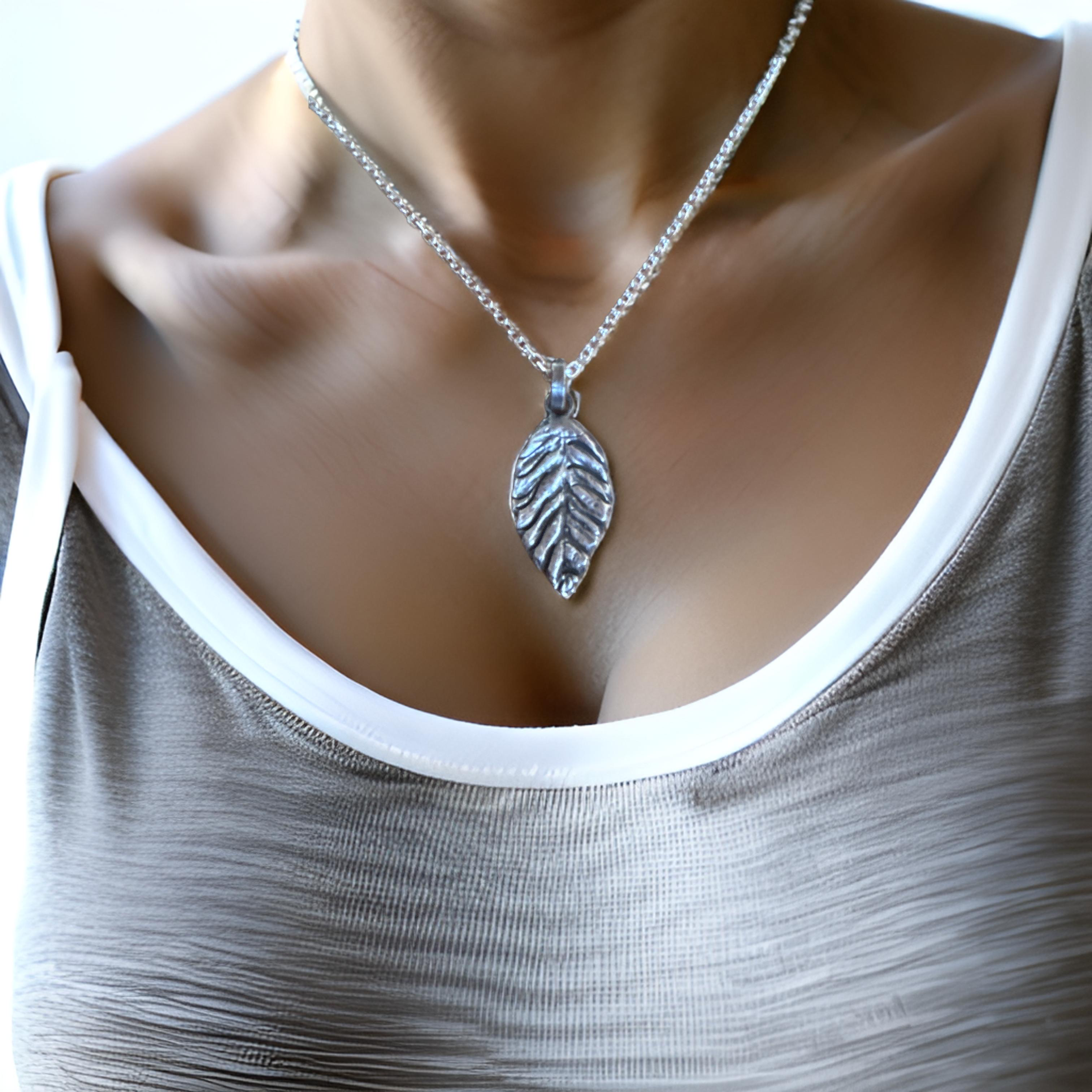 Handmade Sterling Silver Leaf Pendant Necklace – Nature-Inspired, Oxidized Rustic Jewelry