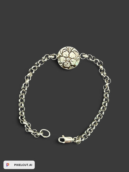 Sterling Silver Flower Charm Bracelet | Oxidized 925 Rolo Chain Jewelry