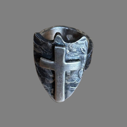 Artisan Shield Cross Ring in Oxidized Sterling Silver