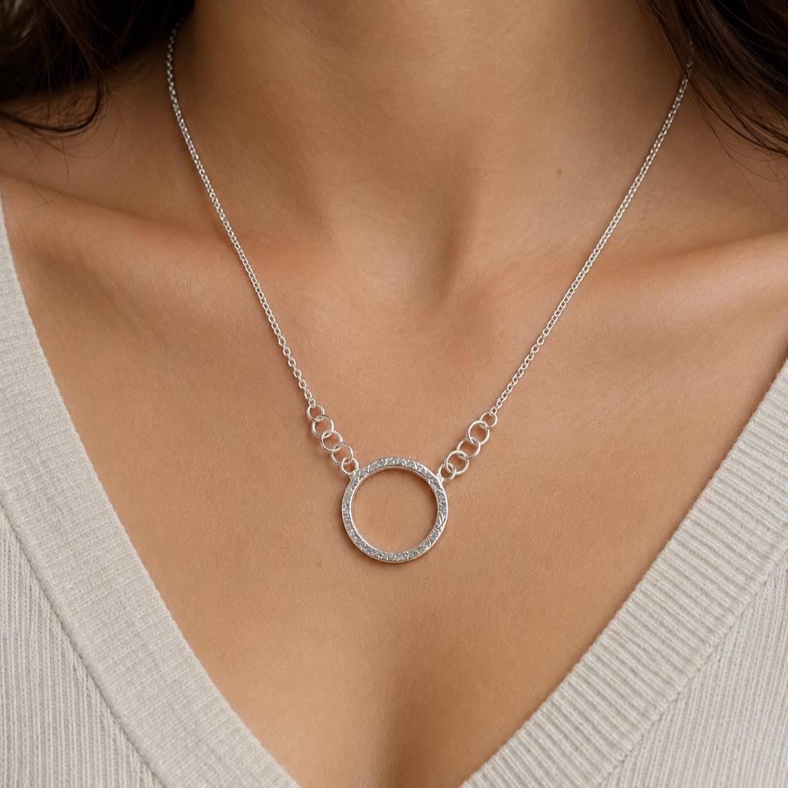 925 Sterling Silver • Circle Pendant Necklace • Minimalist Textured Design • Adjustable Chain • Handmade Chain