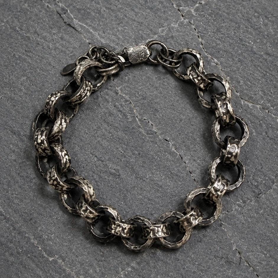 Heavy Sterling Silver Chain Bracelet, Oxidized Rustic Link Jewelry