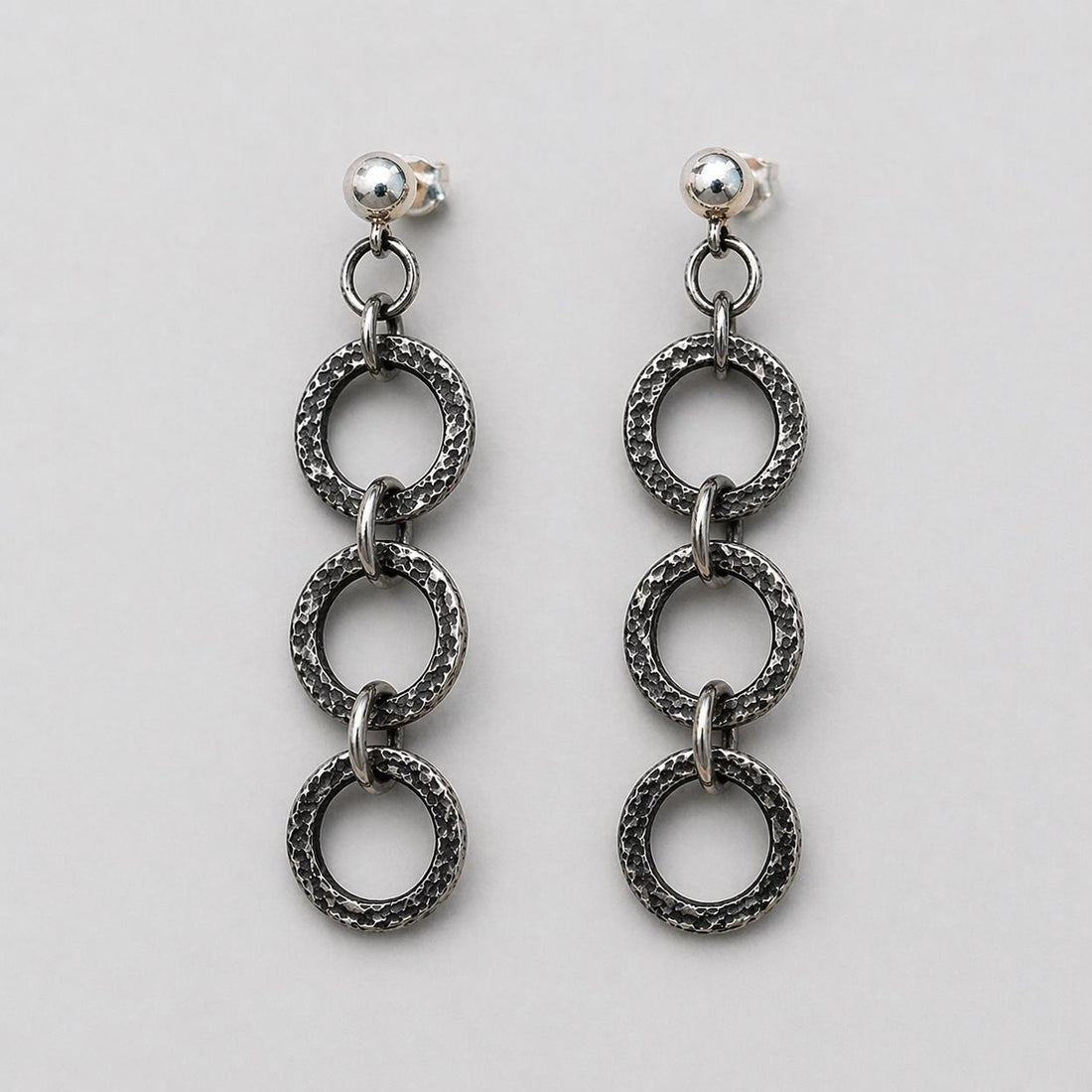Oxidized fine silver dangle chain earrings with rustic design by JJewelryArt, showcasing intricate handcrafted details.