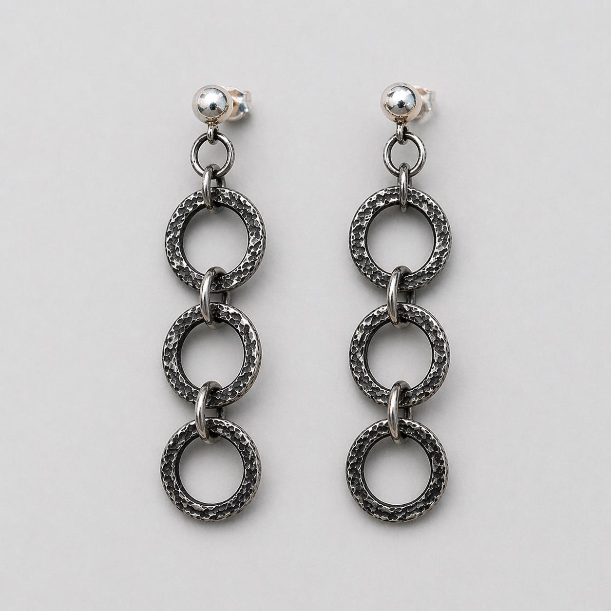 Fine Silver Dangle  Chain Earrings, Oxidized, Rustic Design