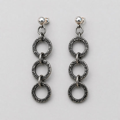 Fine Silver Dangle  Chain Earrings, Oxidized, Rustic Design