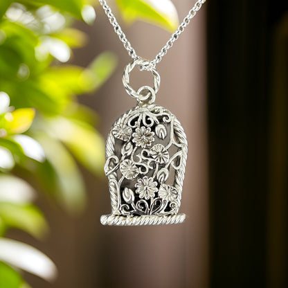 Sterling Silver Flower Basket Pendant Necklace • Floral Design • 20-inch Rolo Chain