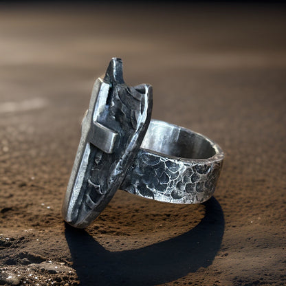 Sterling Silver Cross Shield Ring |  Oxidized Men&