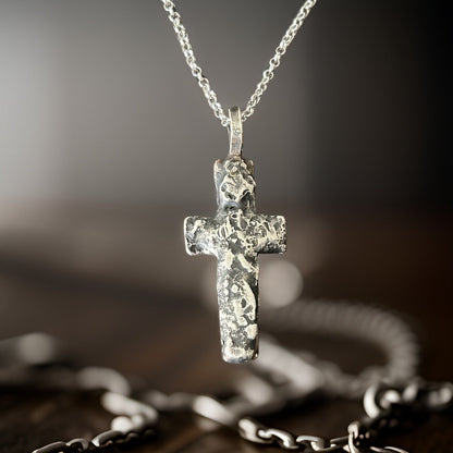 Fine Silver Cross Pendant | Rustic Oxidized Artisan Necklace, 5mm Thick