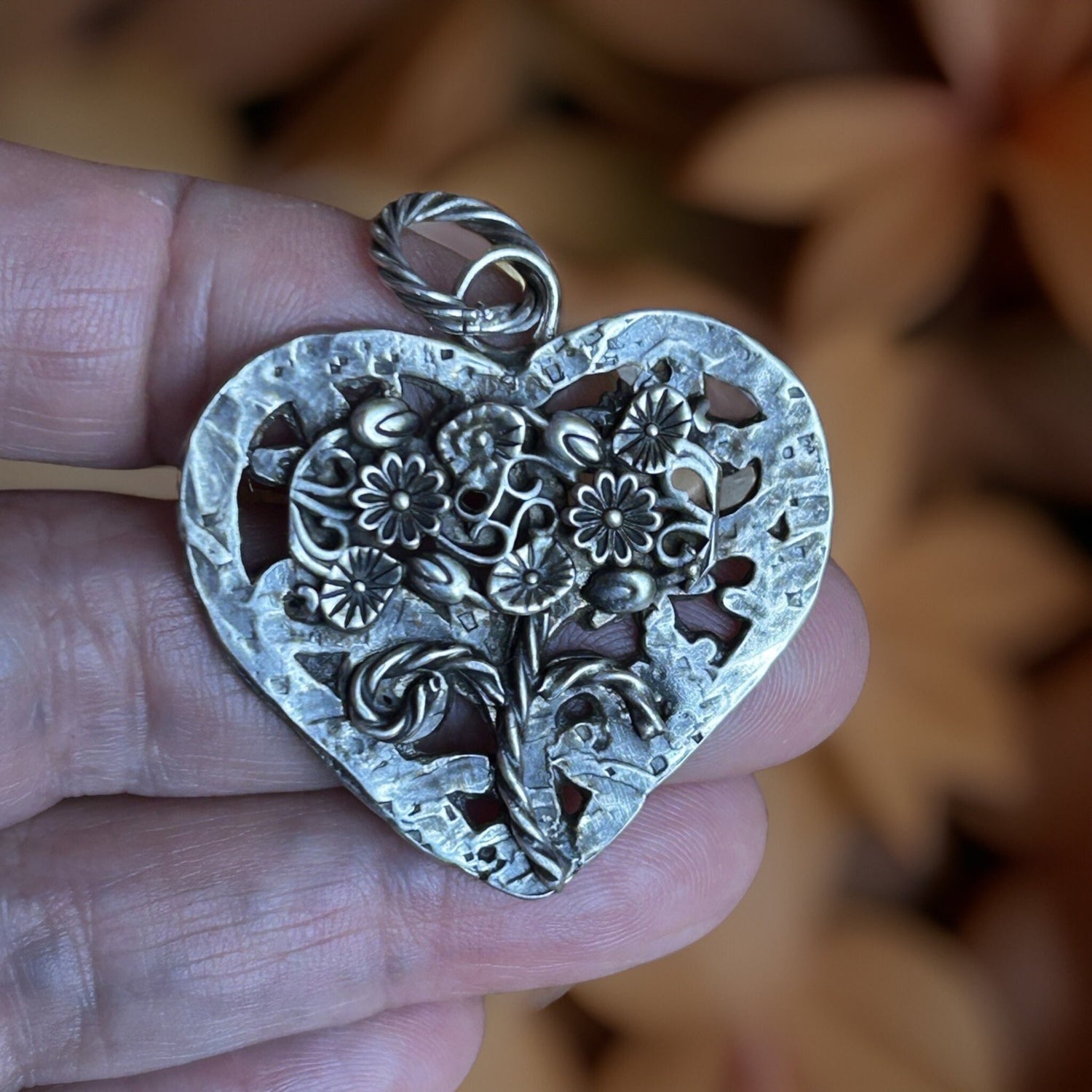 Sterling Silver Heart Pendant – Oxidized Artisan Jewelry, Flower jewelry