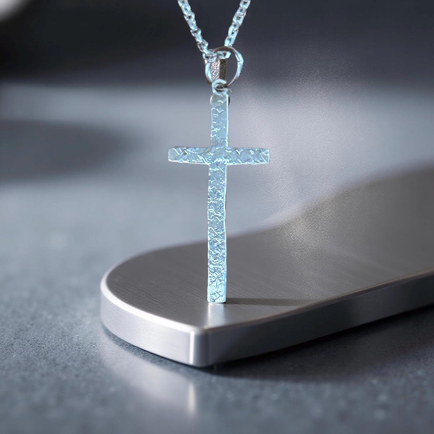 Sterling Silver Hammered Cross Pendant Necklace | Rustic Minimalist Christian Jewelry