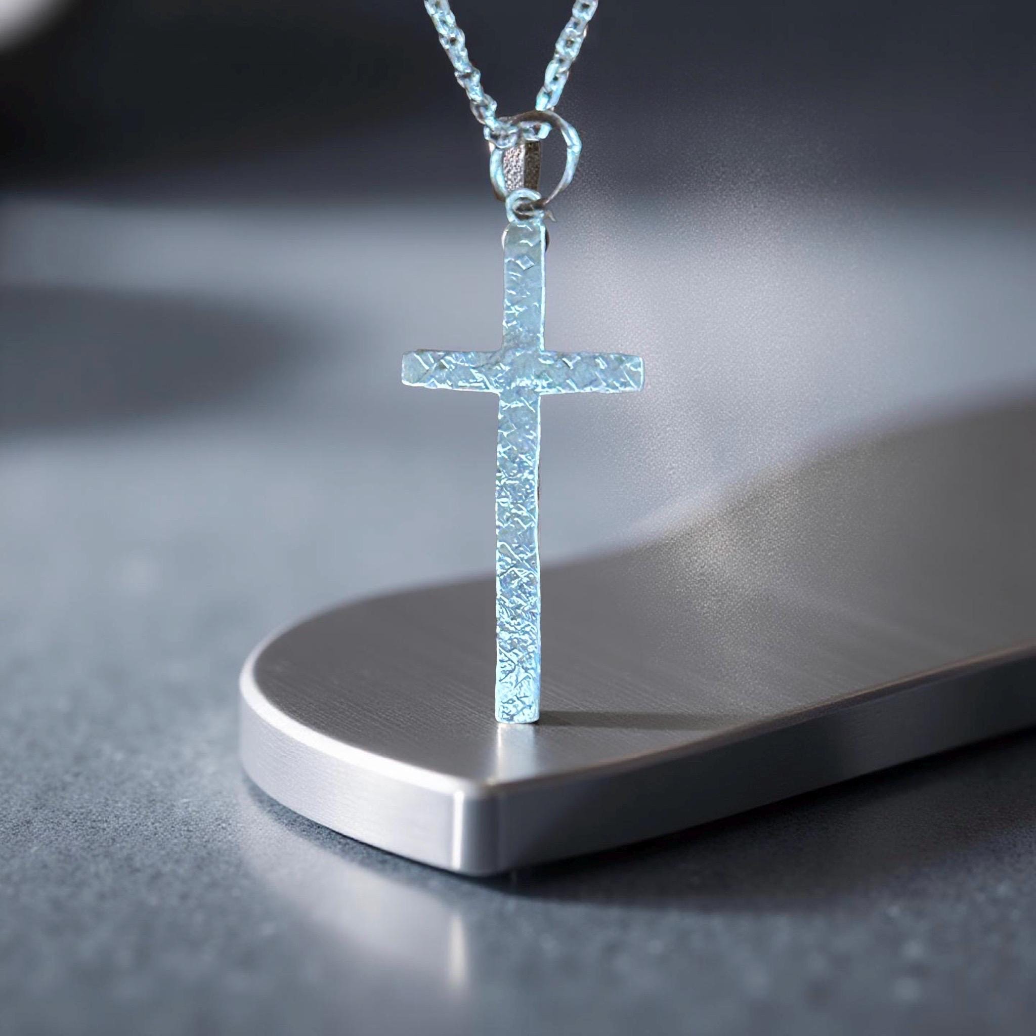 Sterling Silver Hammered Cross Pendant Necklace | Rustic Minimalist Christian Jewelry