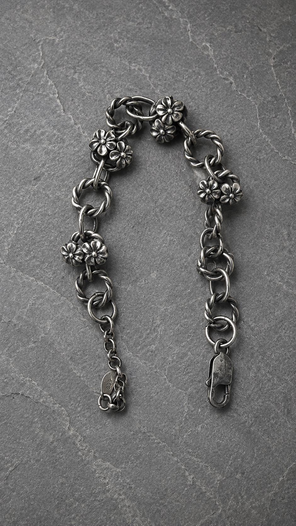 Sterling Silver Flower Bracelet - Oxidized Floral Link