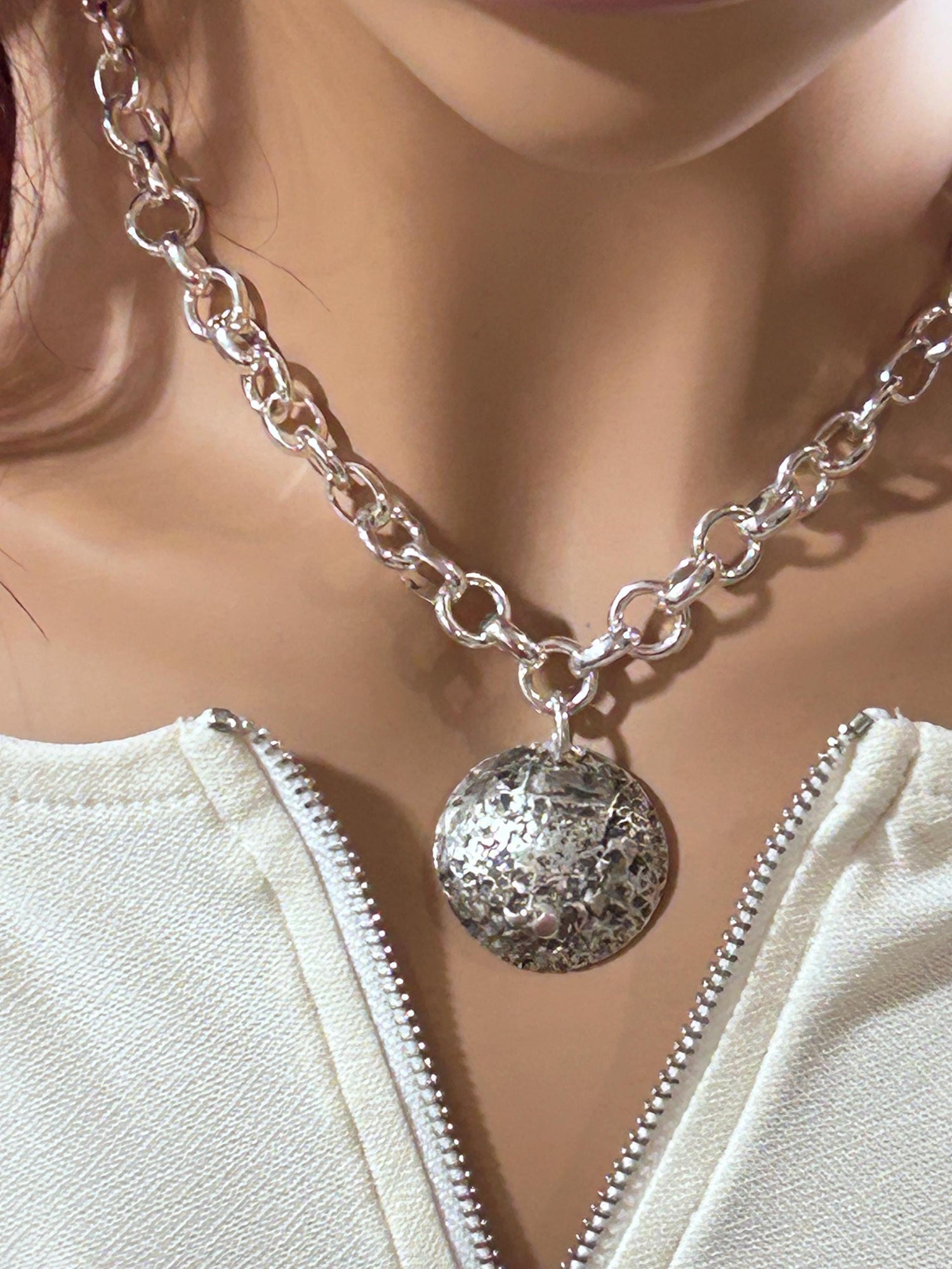 Handmade 925 Sterling Silver Moon Necklace with Oxidized Textured Pendant - Lunar Crater Design