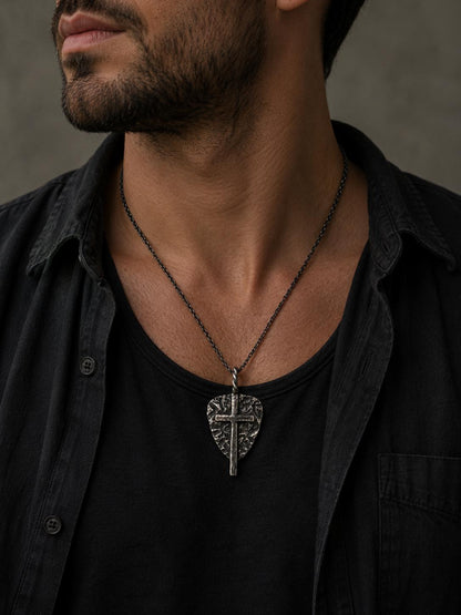 Sterling Silver Hammered Shield Cross Pendant, Oxidized Artisan Necklace for Men