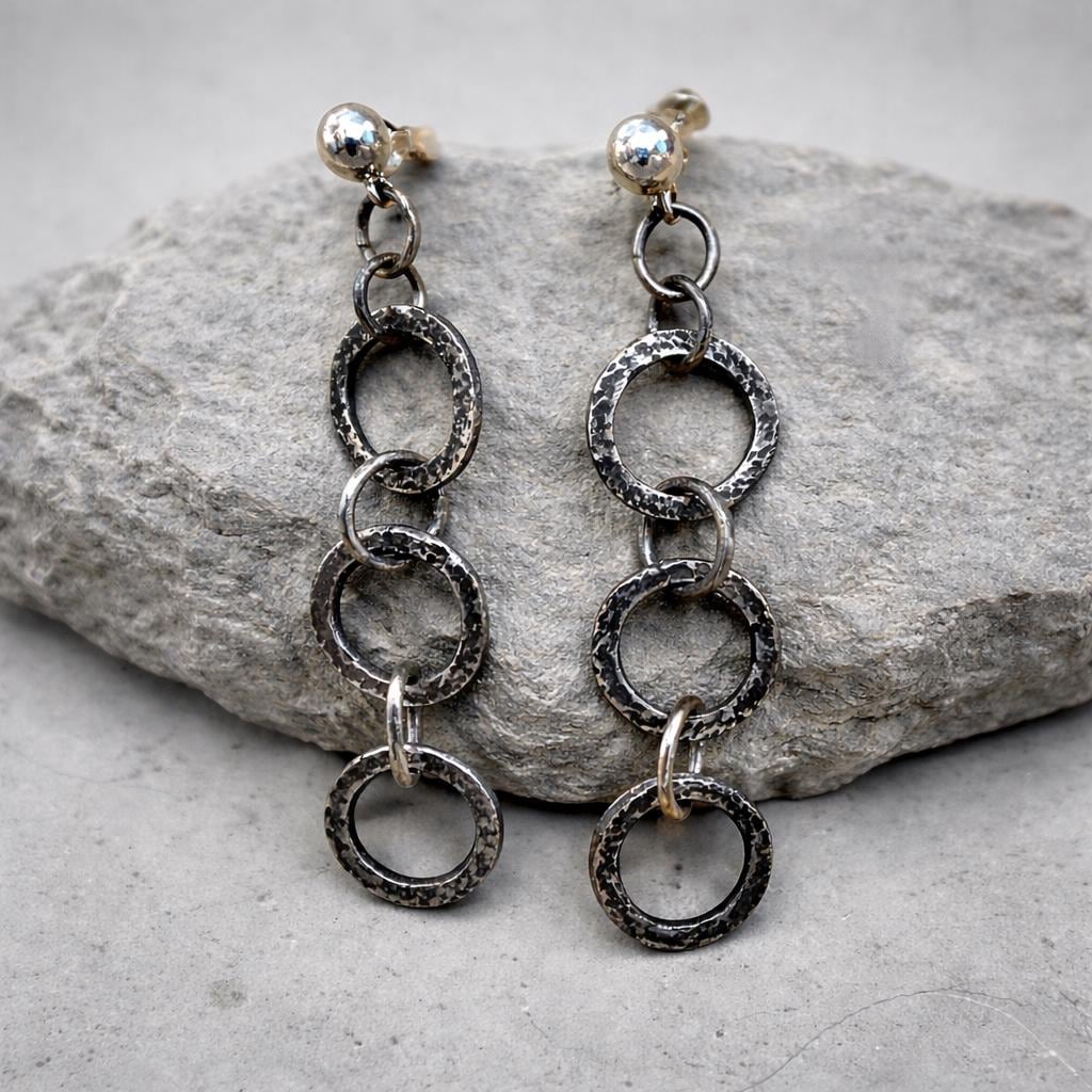 Fine Silver Dangle  Chain Earrings, Oxidized, Rustic Design