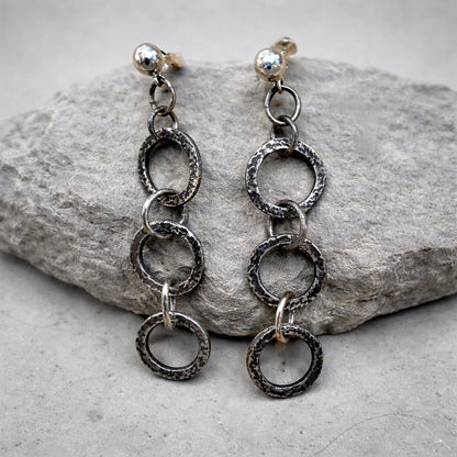 Fine Silver Dangle  Chain Earrings, Oxidized, Rustic Design