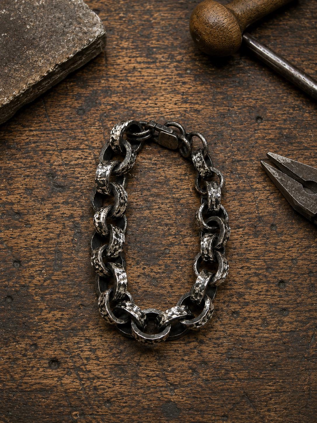 Heavy Sterling Silver Chain Bracelet, Oxidized Rustic Link Jewelry
