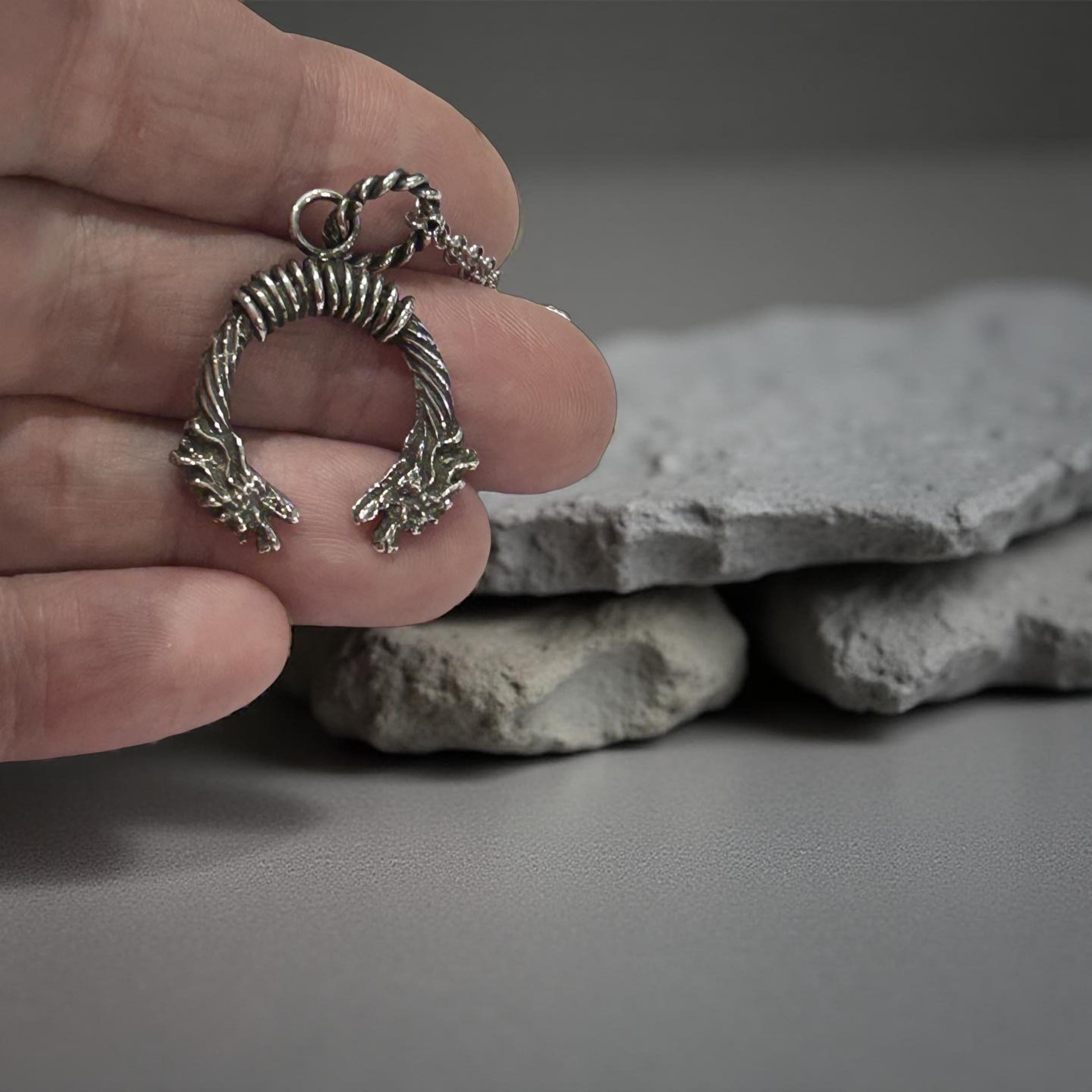 Handmade Sterling Silver Dragon Pendant – Viking Wolf Necklace for Men – Oxidized Nordic Amulet
