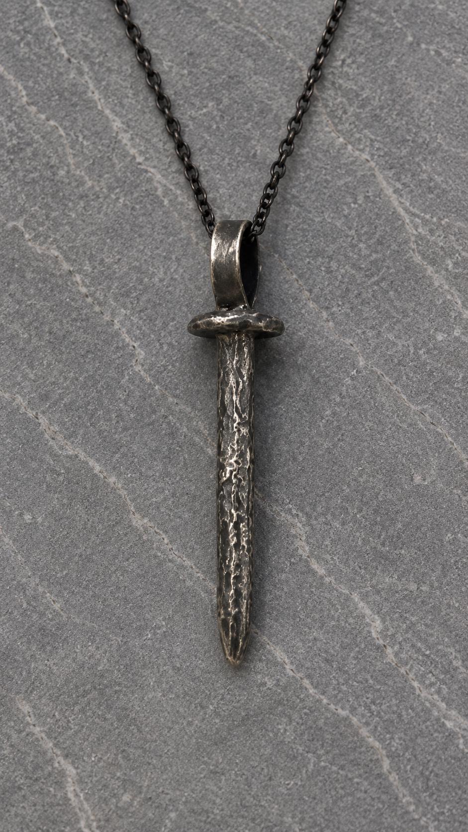 Sterling Silver Coffin Nail Pendant: Oxidized Stake Necklace
