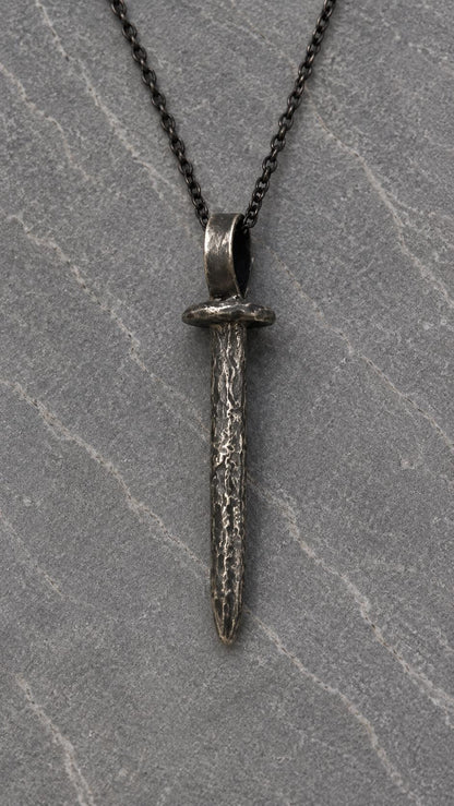 Sterling Silver Coffin Nail Pendant: Oxidized Stake Necklace