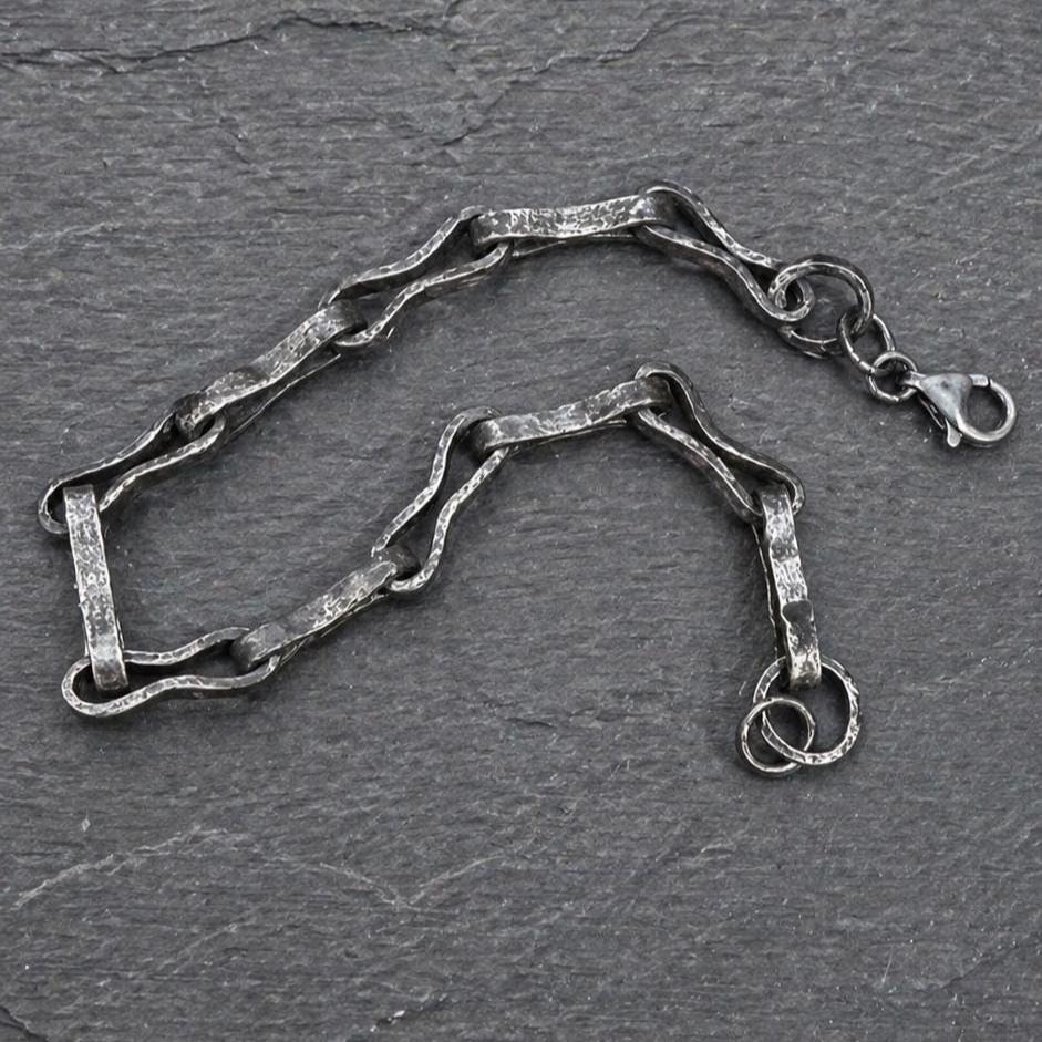 Handmade Oxidized Sterling Silver Link Bracelet, Rustic Men’s Jewelry