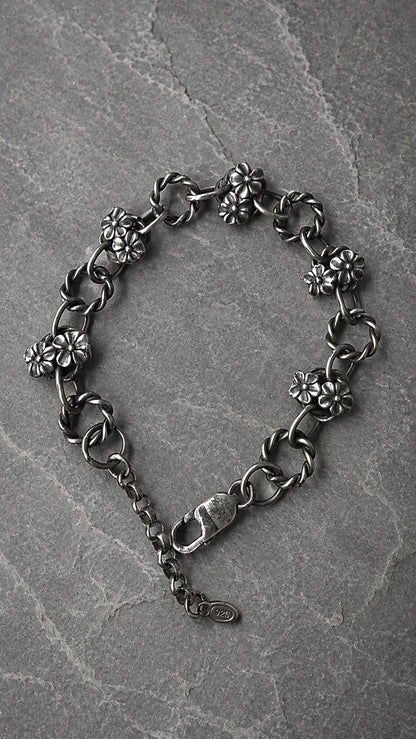 Sterling Silver Flower Bracelet - Oxidized Floral Link