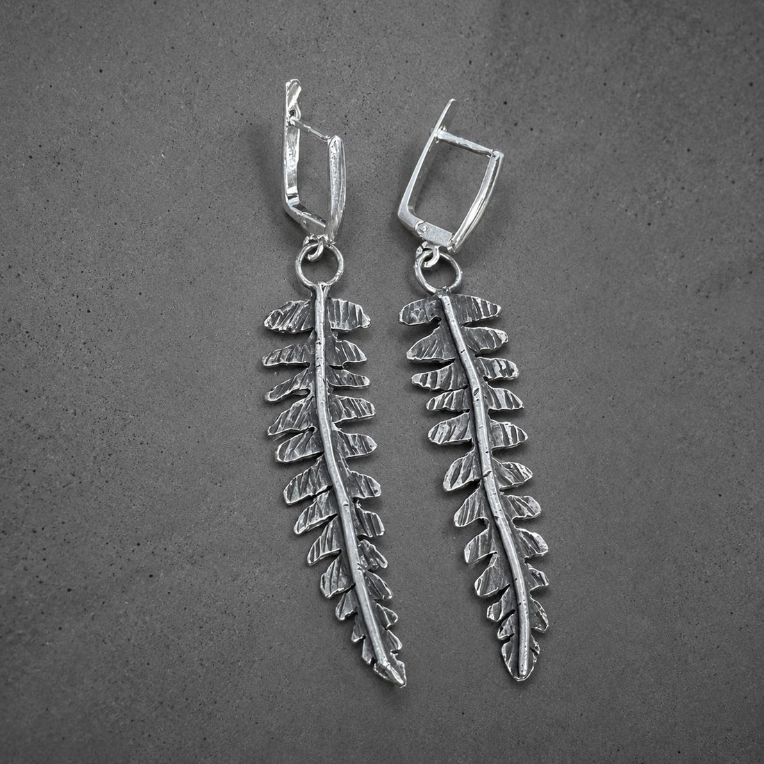 Sterling Silver Leaf Earrings | Long Botanical Dangle Jewelry, Rustic Texture