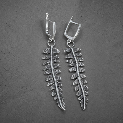 Sterling Silver Leaf Earrings | Long Botanical Dangle Jewelry, Rustic Texture