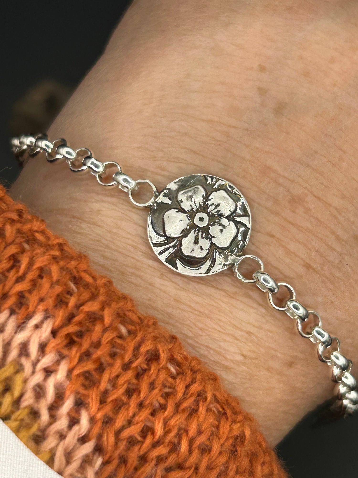 Sterling Silver Flower Charm Bracelet | Oxidized 925 Rolo Chain Jewelry