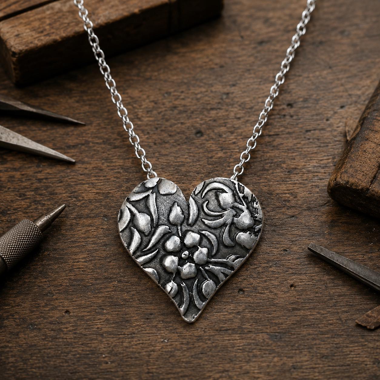Sterling Silver Floral Heart Necklace, Botanical Jewelry