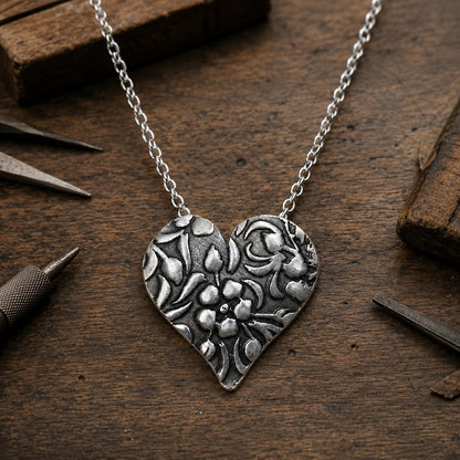 Sterling Silver Floral Heart Necklace, Botanical Jewelry