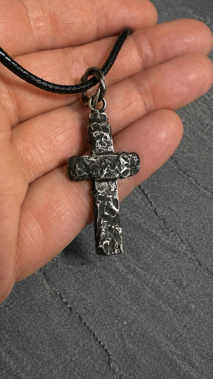 Handmade Sterling Silver Rustic Cross Pendant, Oxidized Artisan Christian Jewelry