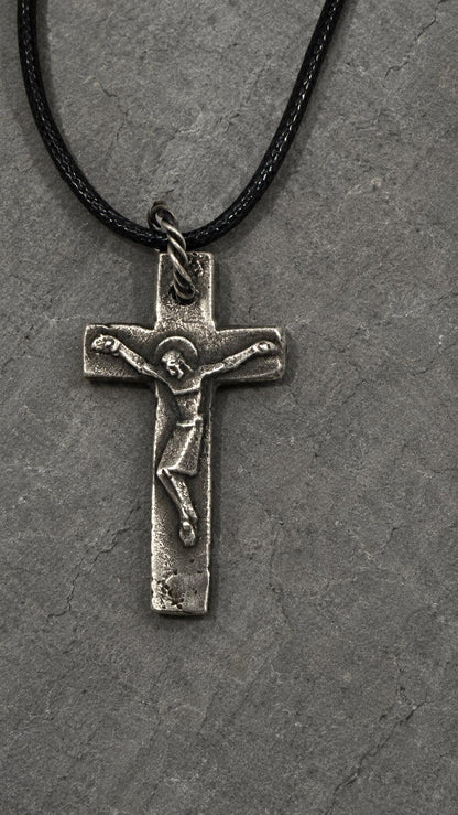 Sterling Silver Crucifix Necklace – Rustic Oxidized Cross Pendant for Men