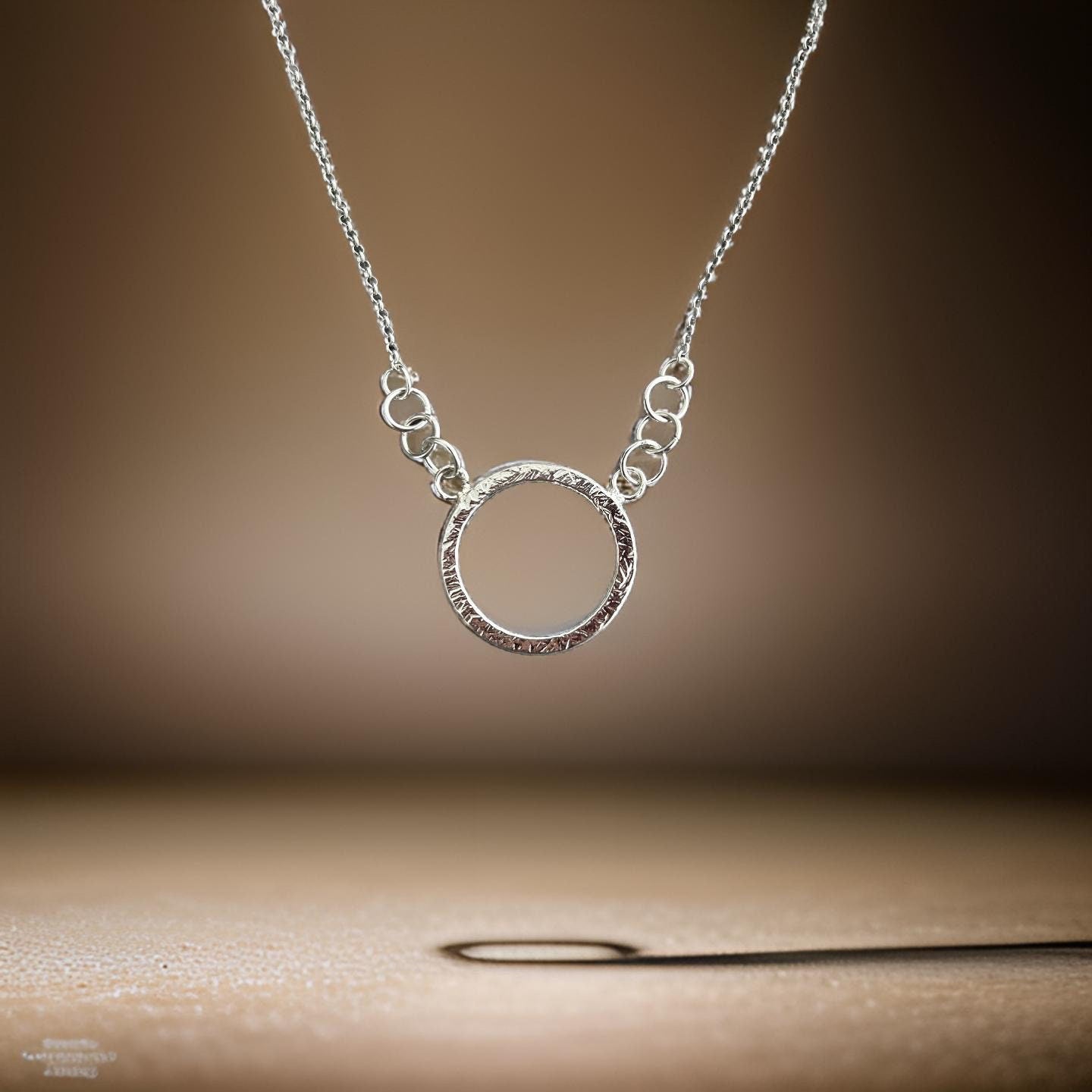 925 Sterling Silver • Circle Pendant Necklace • Minimalist Textured Design • Adjustable Chain • Handmade Chain
