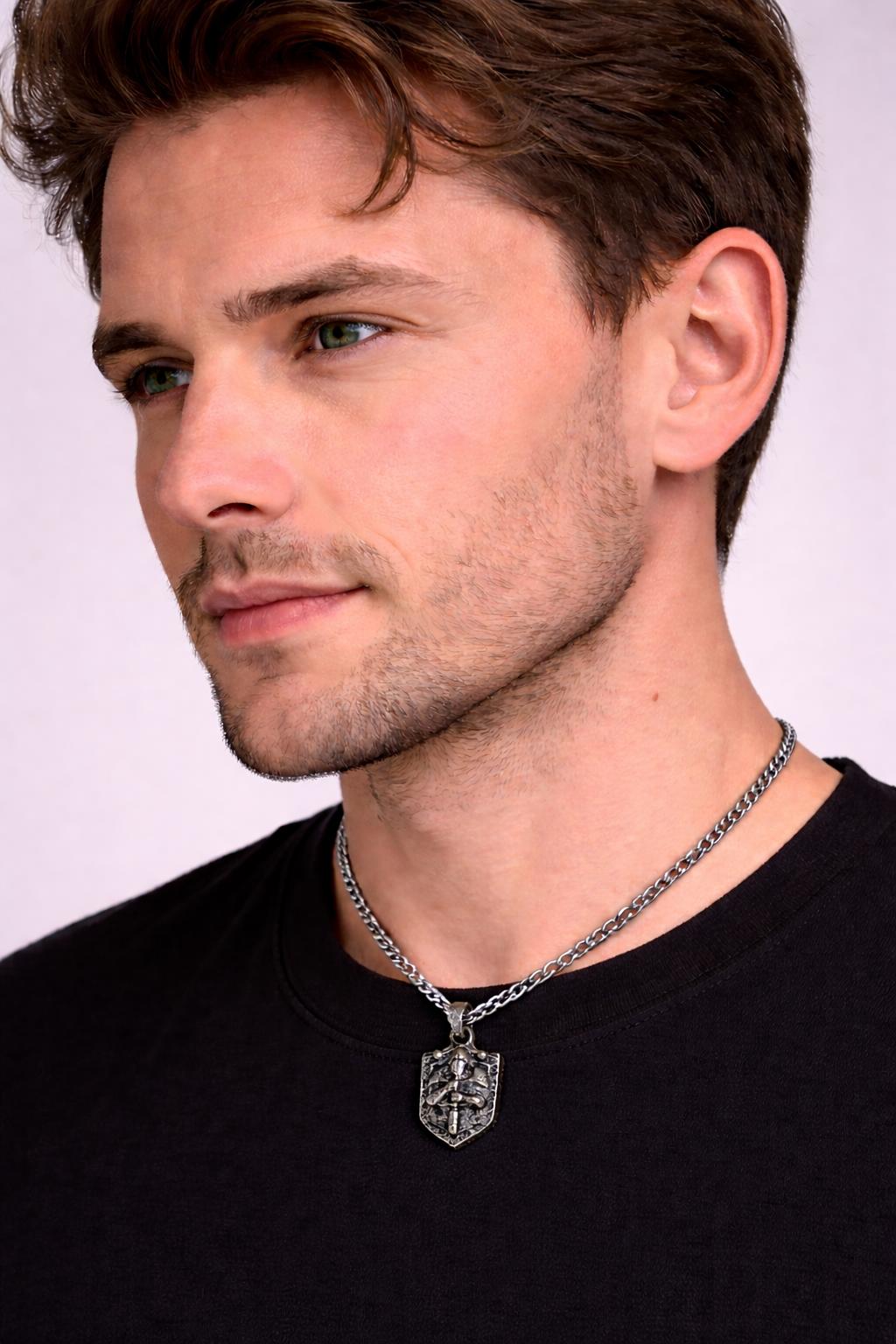 Sterling Silver Knight Pendant, Oxidized Templar Warrior Necklace, Medieval Jewelry