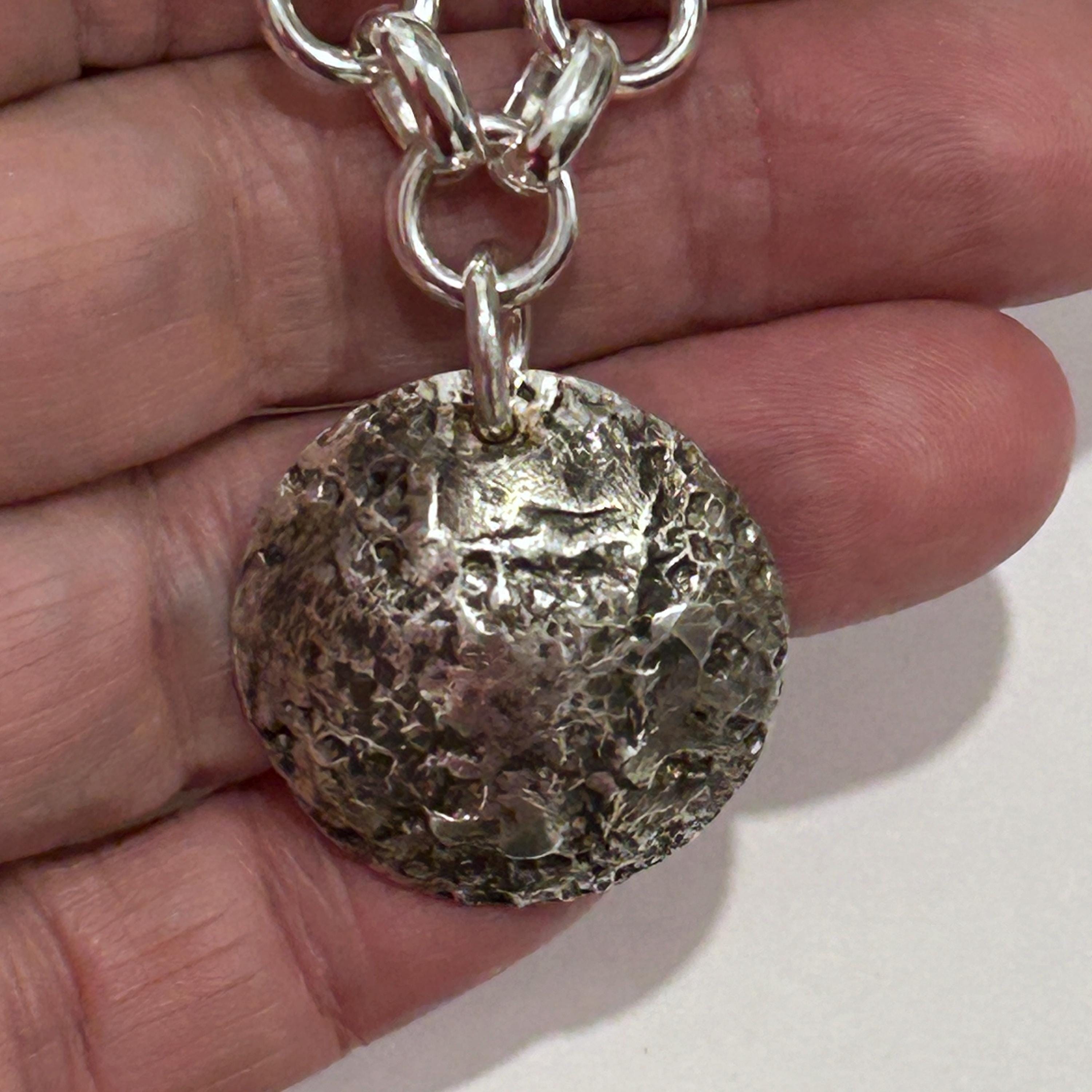 Handmade 925 Sterling Silver Moon Necklace with Oxidized Textured Pendant - Lunar Crater Design