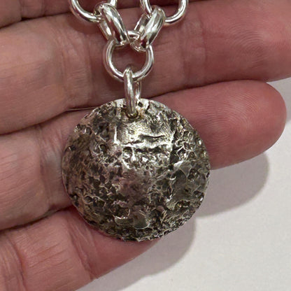 Handmade 925 Sterling Silver Moon Necklace with Oxidized Textured Pendant - Lunar Crater Design