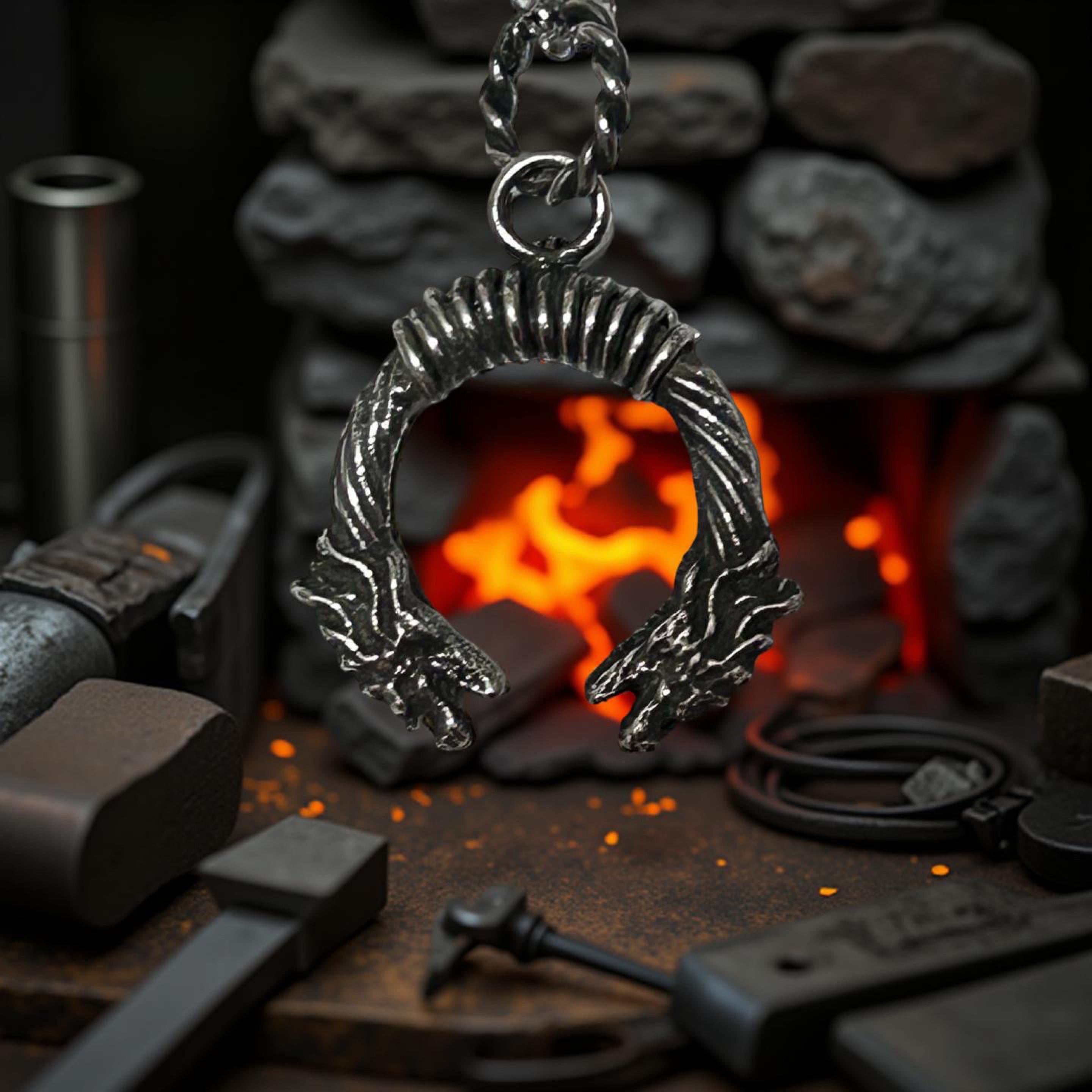 Handmade Sterling Silver Dragon Pendant – Viking Wolf Necklace for Men – Oxidized Nordic Amulet