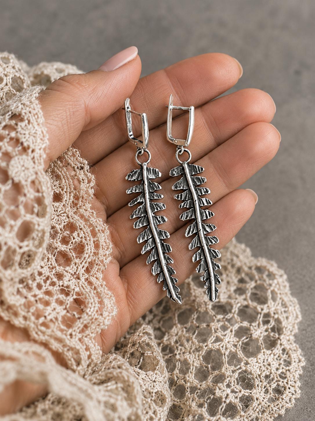 Sterling Silver Leaf Earrings | Long Botanical Dangle Jewelry, Rustic Texture