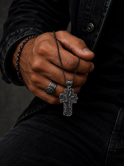 Handmade Oxidized Silver Cross Necklace, Rustic Mens Cross Pendant, Hammered Christian Cross, Gothic Religious Jewelry, Mens Gift