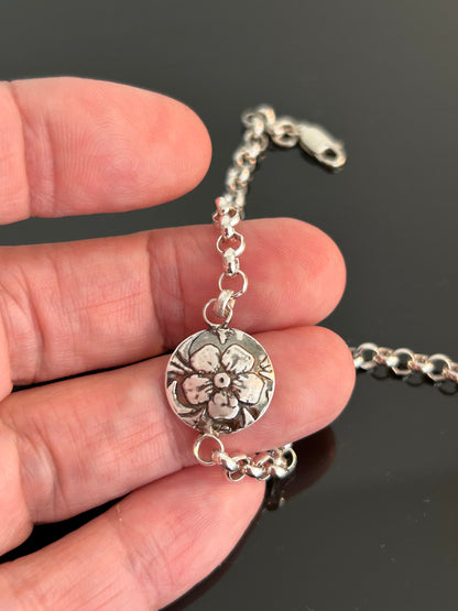 Sterling Silver Flower Charm Bracelet | Oxidized 925 Rolo Chain Jewelry