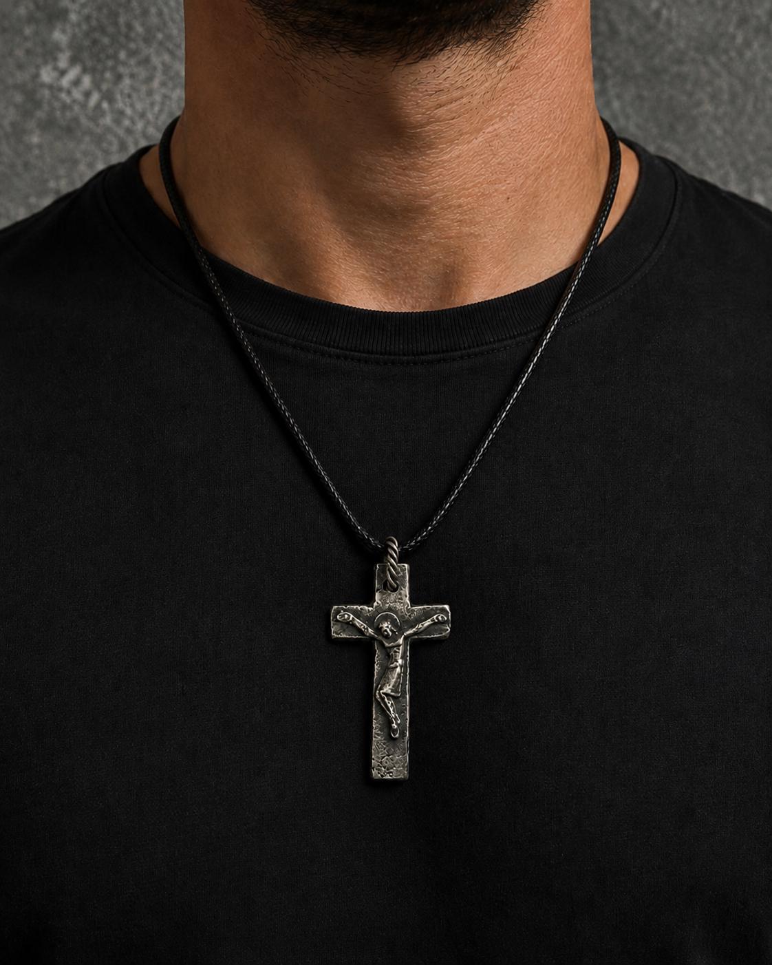 Sterling Silver Crucifix Necklace – Rustic Oxidized Cross Pendant for Men