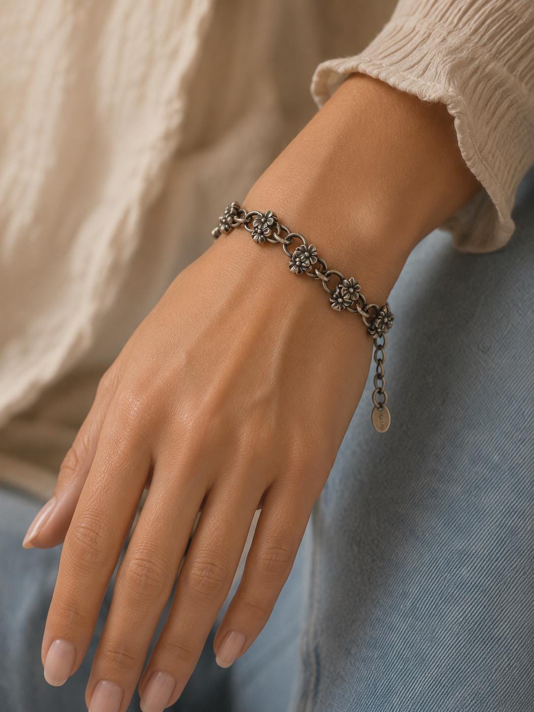 Sterling Silver Flower Bracelet - Oxidized Floral Link