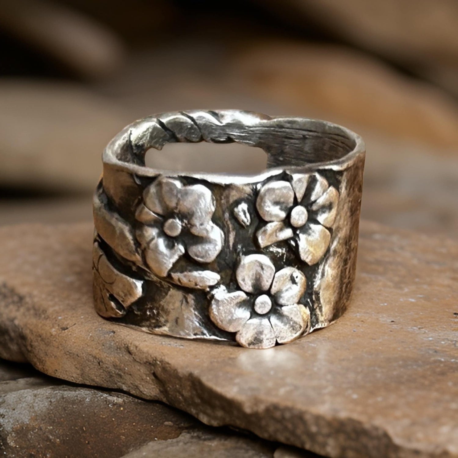 Handcrafted Floral Silver Ring - Oxidized Sterling Silver Unique Band Ring