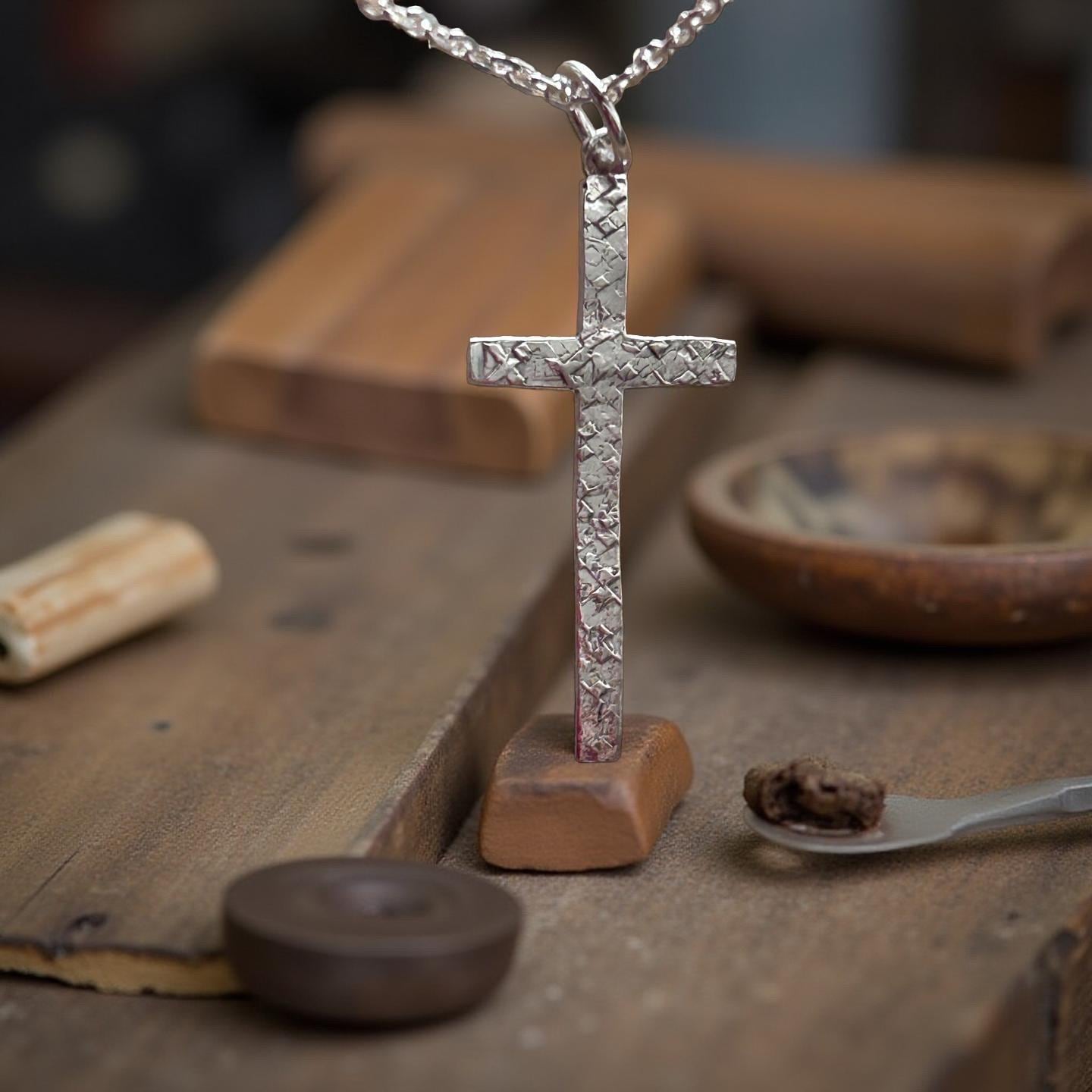Sterling Silver Hammered Cross Pendant Necklace | Rustic Minimalist Christian Jewelry