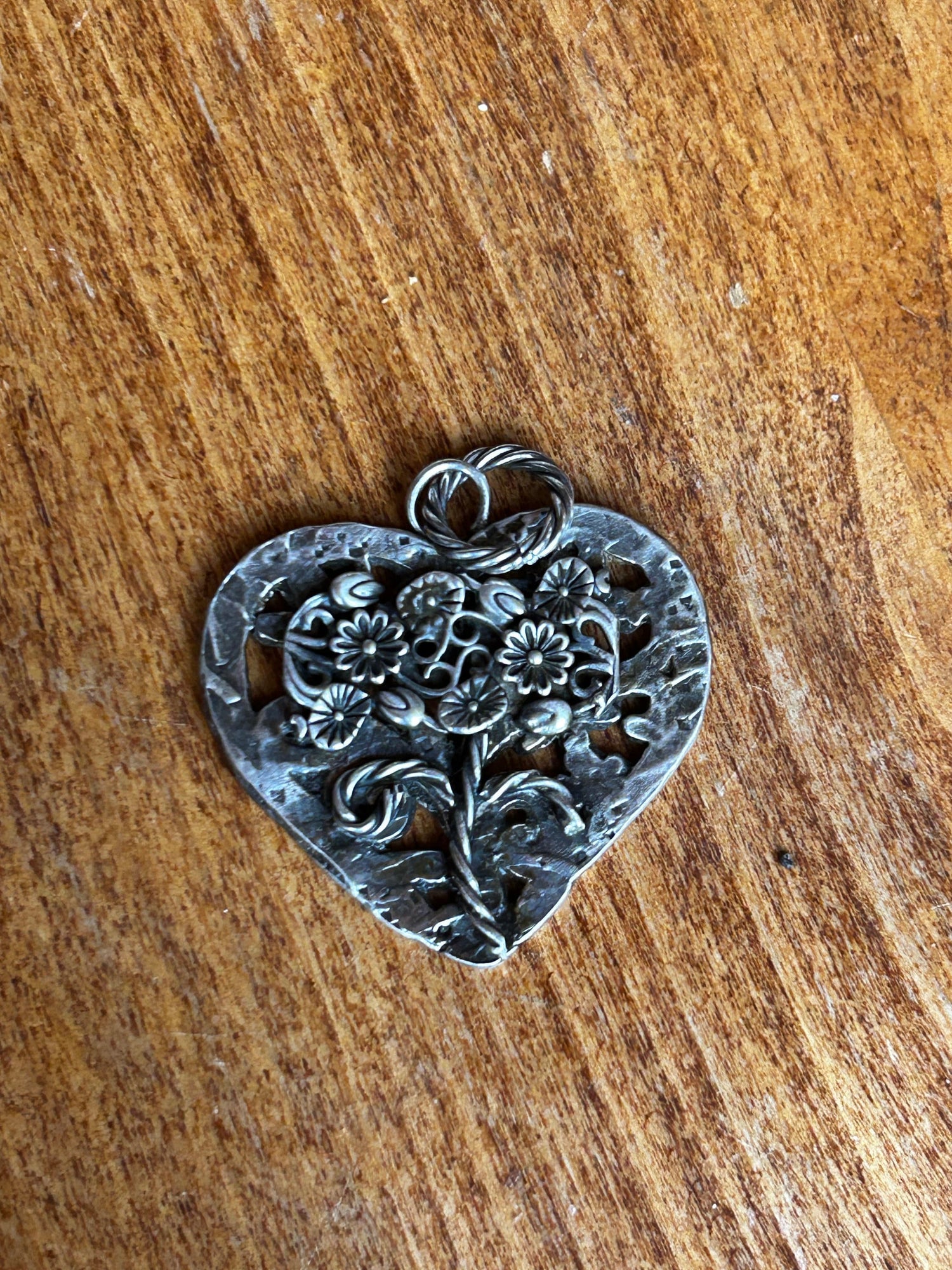 Sterling Silver Heart Pendant – Oxidized Artisan Jewelry, Flower jewelry